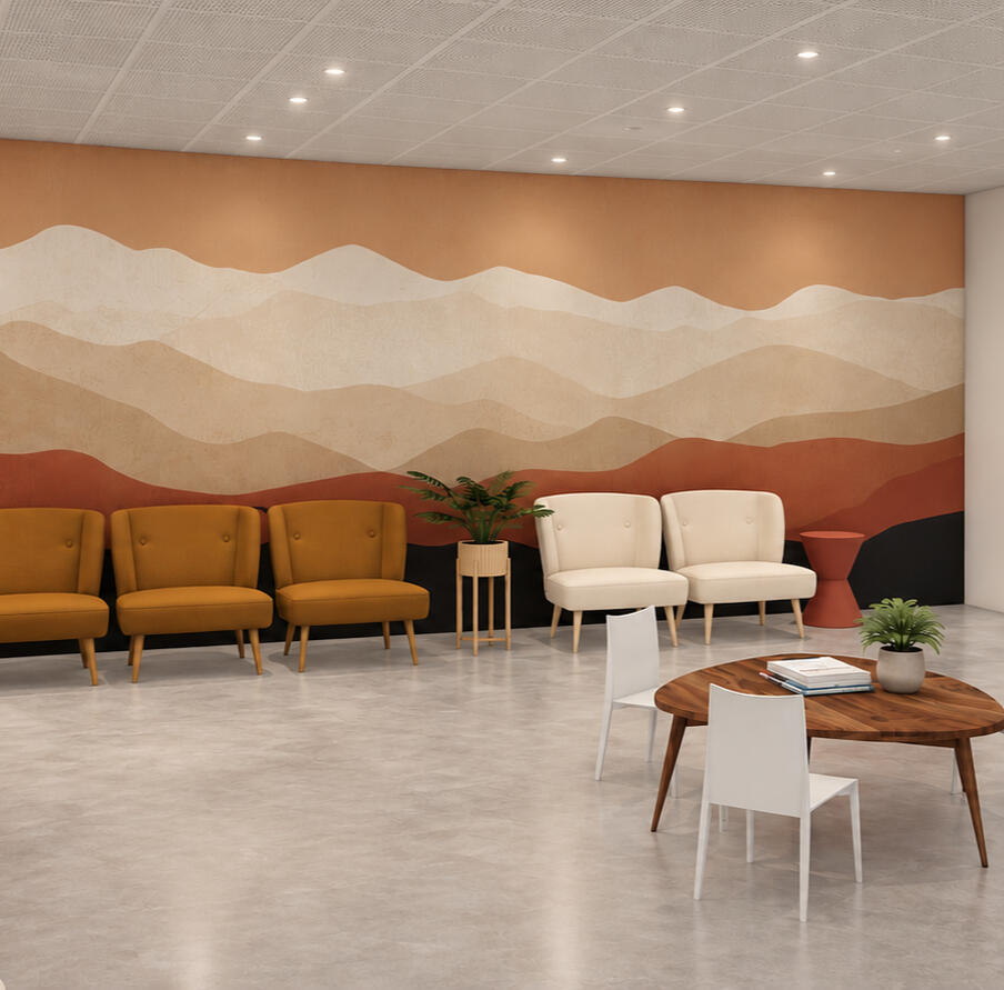 Salle d'attente - Première proposition Ce projet apporte une touche plus affirmée, avec ses nuances terracotta et ocre.