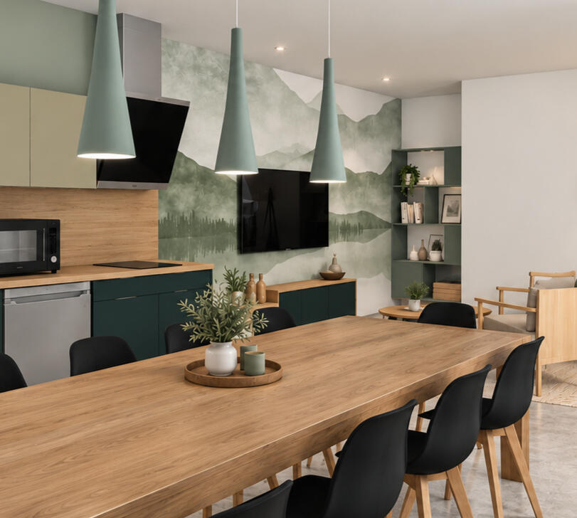 Salle de pause - Aménagement professionnel Visualisation 3D d'une salle de pause avec une cuisine et un espace salon vert profond, table en bois et suspensions vert sauge.